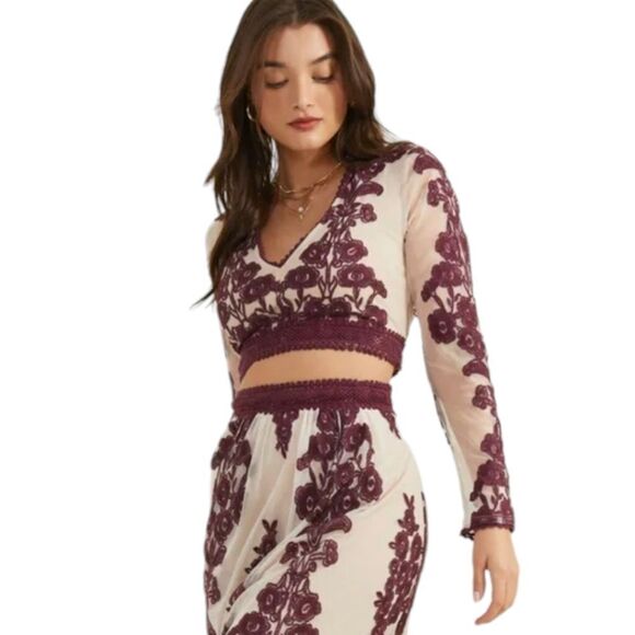 Altar'd State Y2K Embroidered Lace Mesh Floral Crop Top in Wine Sz M NWT - Picture 2 of 14